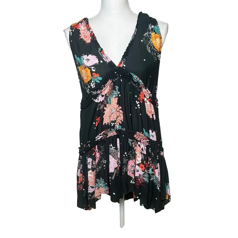 Free People Haze Floral tiered tunic Black and pink tank size S